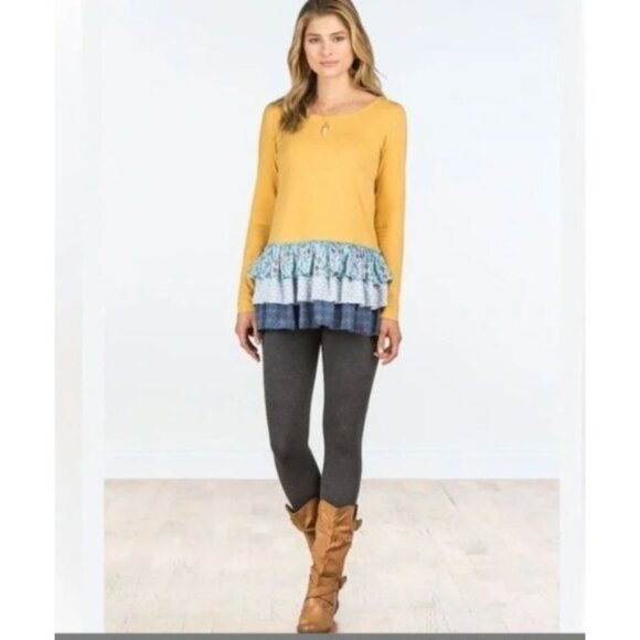 Matilda Jane Mustard Long Sleeve Top boho Floral Ruffled Hem Womens size large - Picture 1 of 13